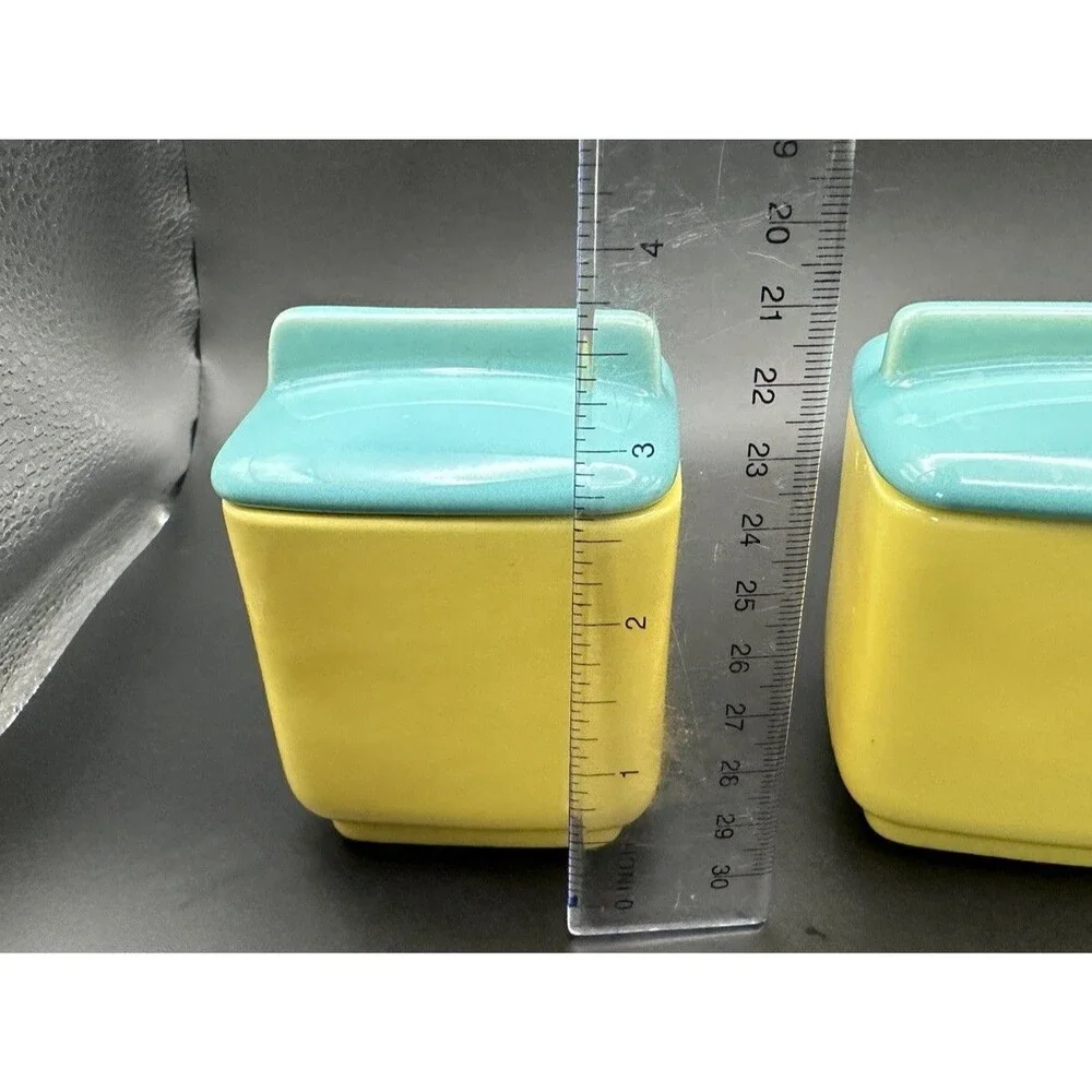 Vintage Franciscan Ware Pottery Covered Refrigerator Condiment Blue Yellow Retro